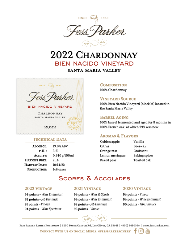 Product Sheet for Bien Nacido Vineyard Chardonnay