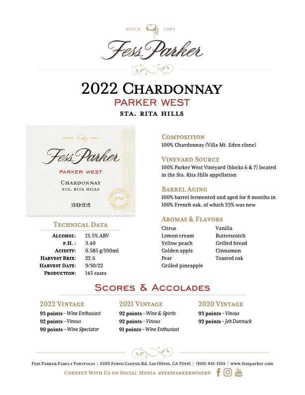 Product Sheet for Parker West Chardonnay