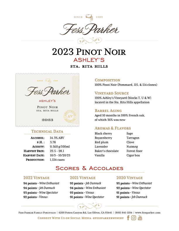 Product Sheet for Ashley's Pinot Noir