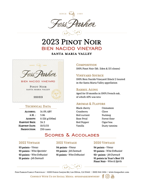 Product Sheet for Bien Nacido Vineyard Pinot Noir