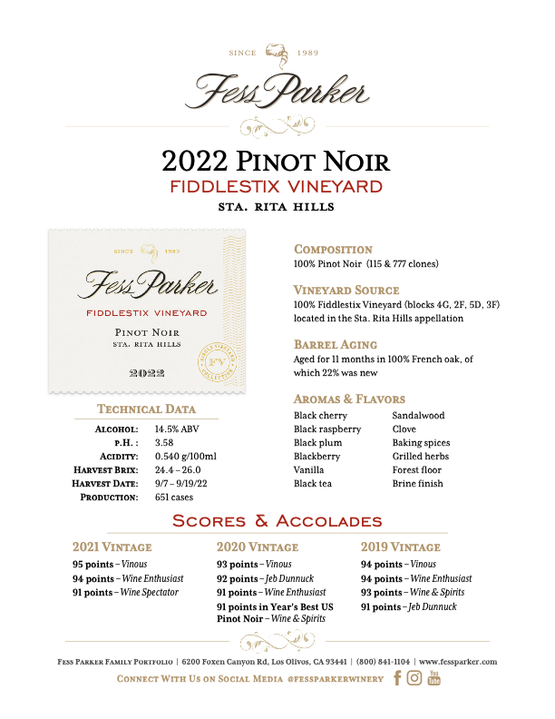 Product Sheet for Fiddlestix Vineyard Pinot Noir