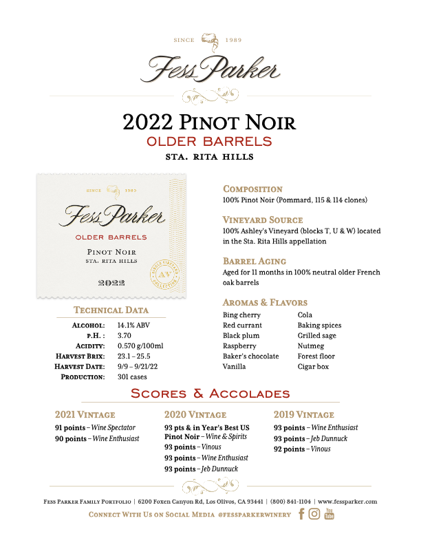Product Sheet for Older Barrels Pinot Noir