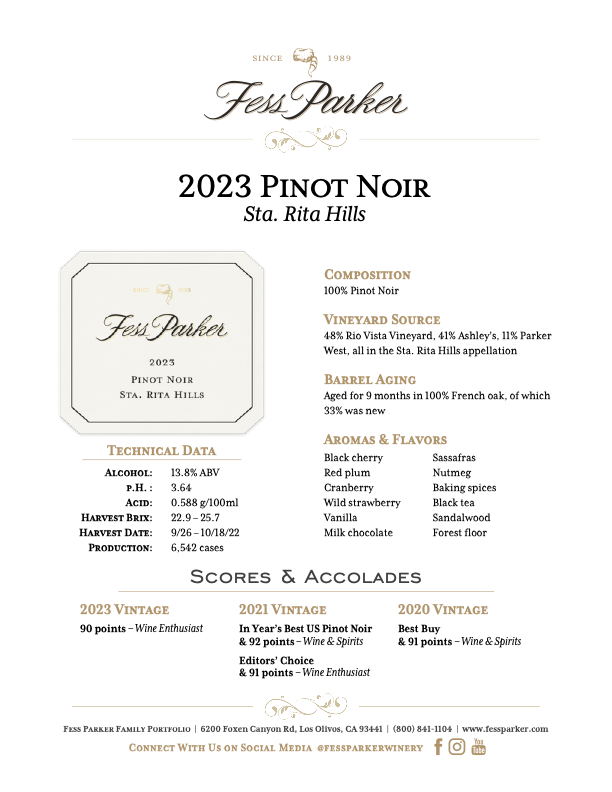 Product Sheet for Sta. Rita Hills Pinot Noir