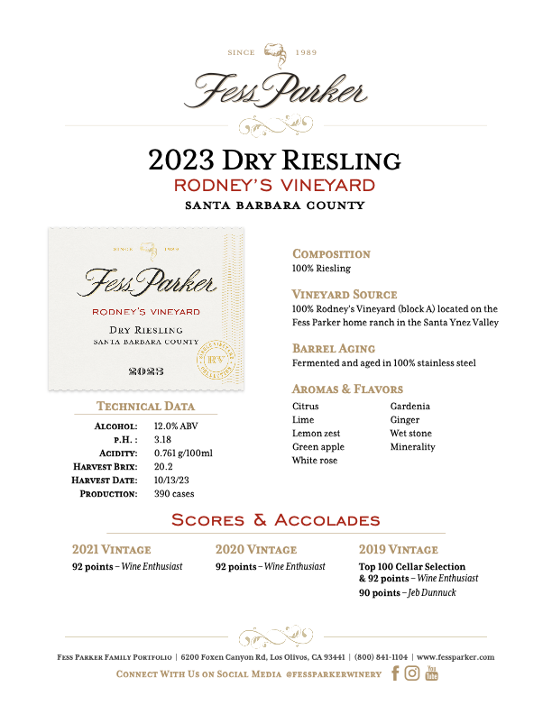 Product Sheet for Rodney's Vineyard Dry Riesling