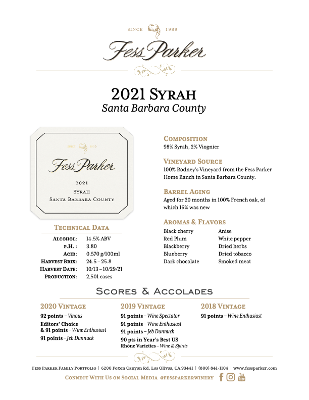 Product Sheet for Santa Barbara County Syrah